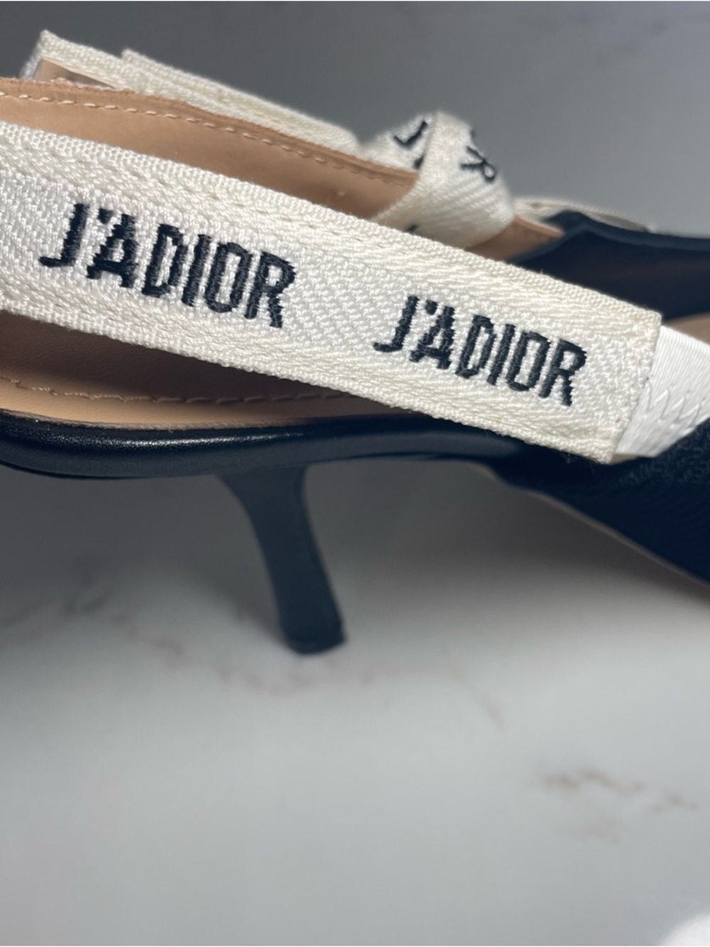 Dior Black Pointed Slingback Heels with White J'Adior Ribbon - Picture 4 of 5